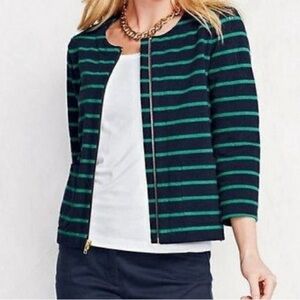 Lands’ End Nautical Blazer Zip-up Jacket Kelly Green & Navy Blue Striped Sz 10